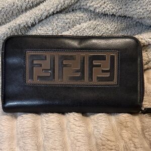 Fendi Black Leather Zip Wallet with Brown FF Logo Panel